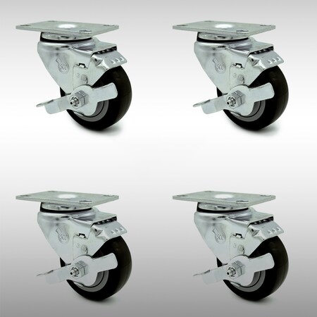 Service Caster 3.5 Inch SS Black Polyurethane Swivel Top Plate Caster Set with Brake SCC SCC-SS20S3514-PPUB-BLK-TLB-4